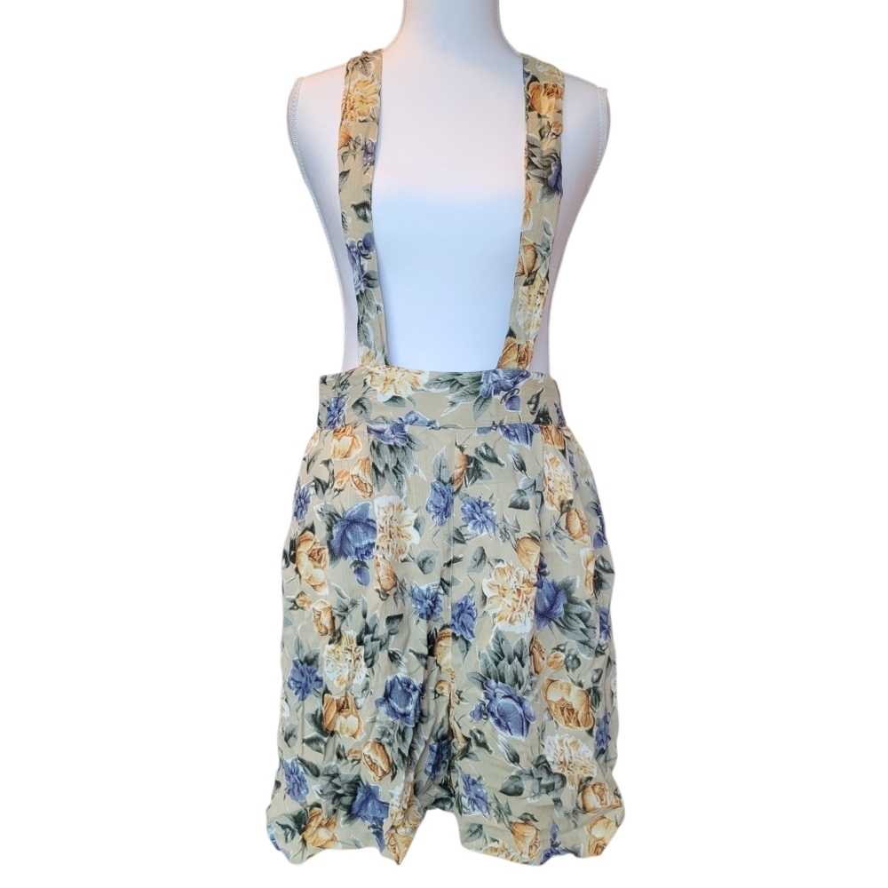 Vintage Deadstock Equation Tan Floral Print Overall Shorts - Picture 2 of 7
